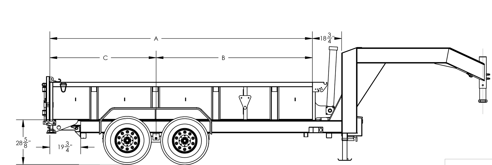 black and white drawing of a dump truck with measurements
